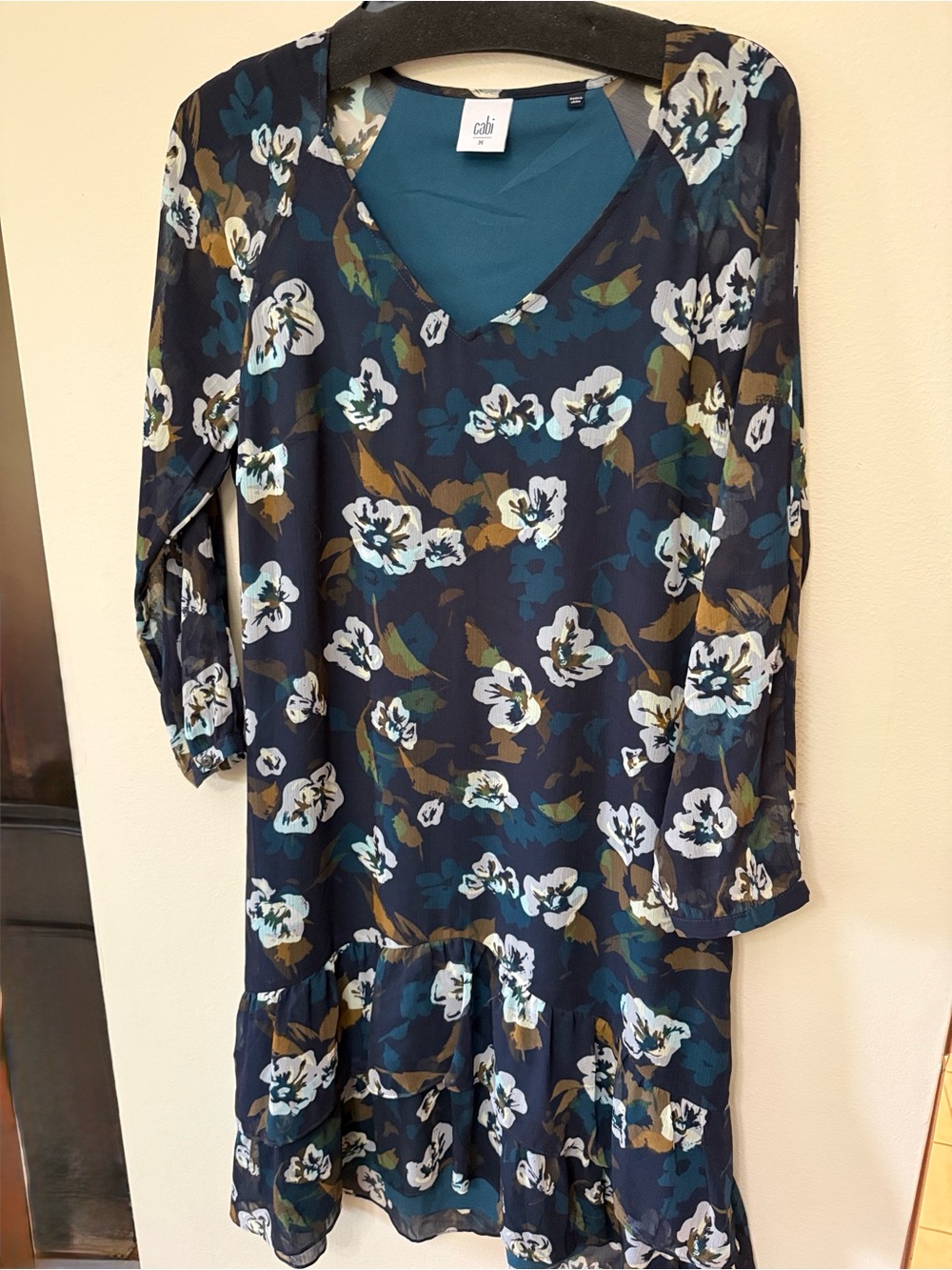 CAbi Navy Floral Tie-Detail Dress with Wht/Teal Accents. Lined. Med.